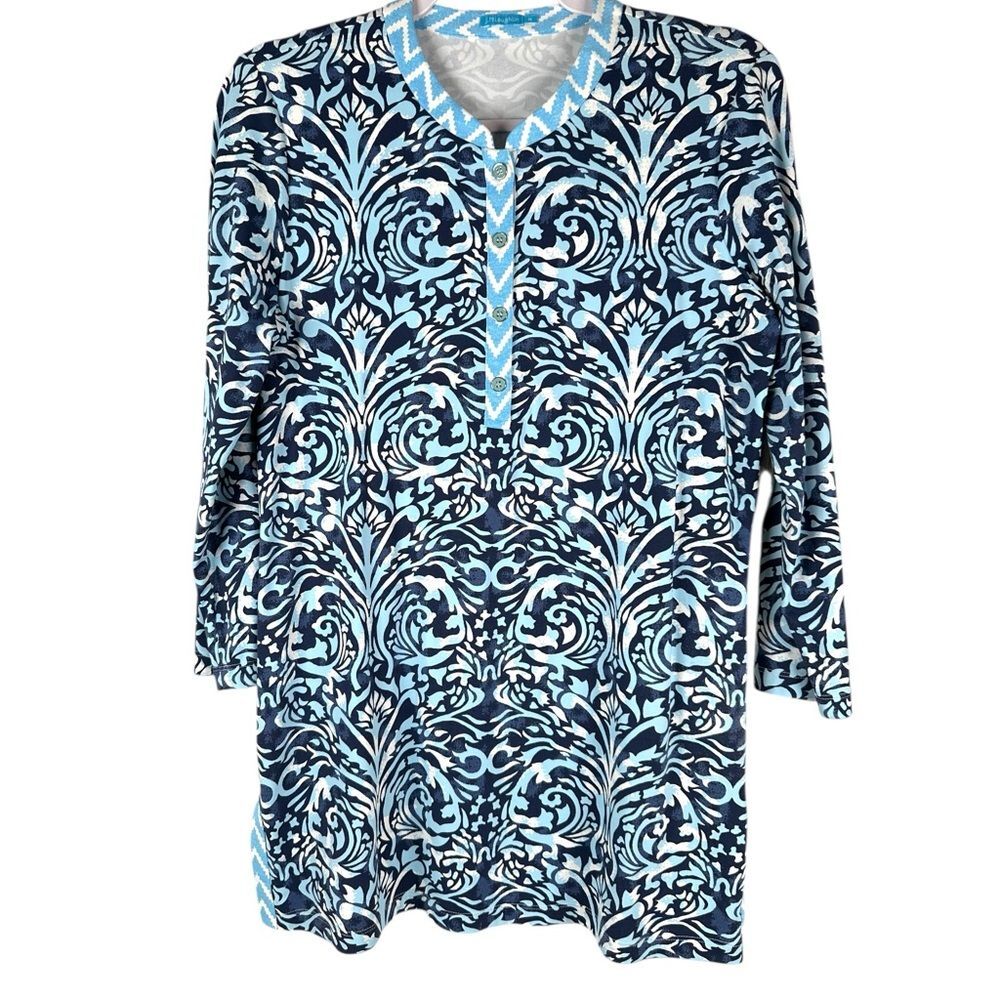 J. McLaughlin Stretch Knit Blue Damask Print 3/4 Sleeve Tunic Top Size Medium